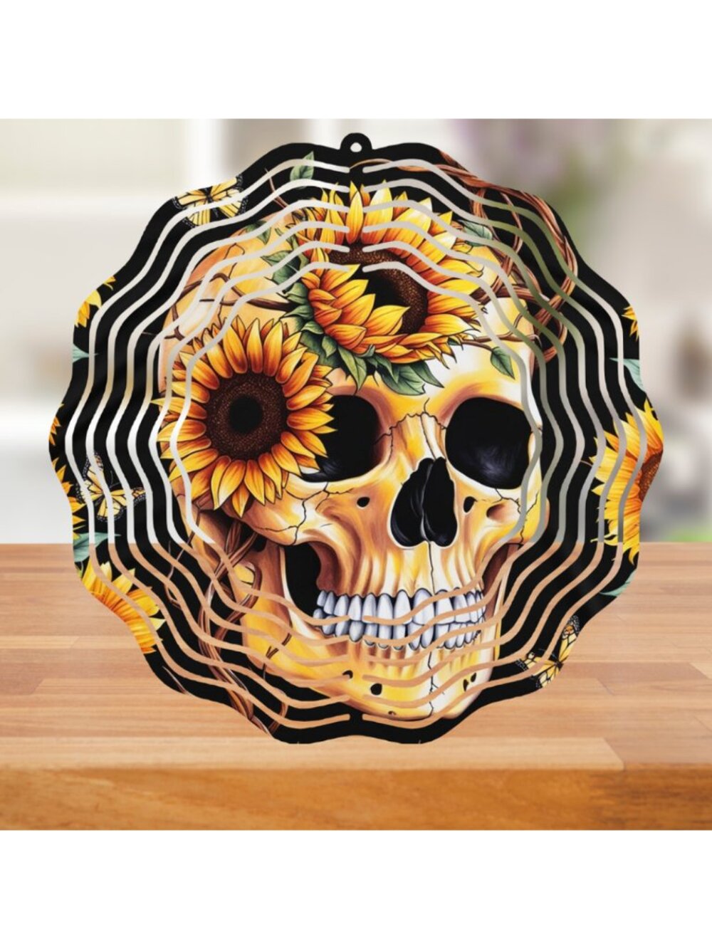 Sunflower Wind Spinner 10" Metal Gothic Skull 3D Kinetic Outdoor Garden Yard Art